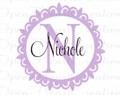 Personalized Vinyl Wall Decal - Monograms Baby Nursery Kids Teen Dorm - Custom Initial Name Wall Sticker 22 in Scallop Circle Frame FN0210