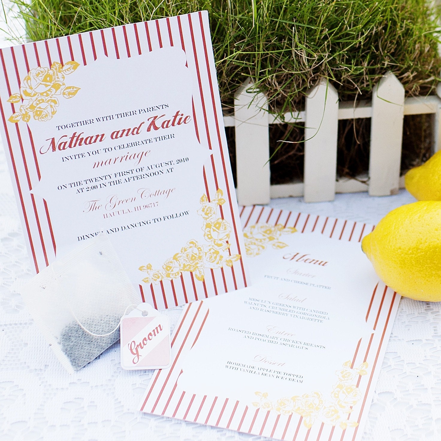 Stripe and Floral Wedding Invitation