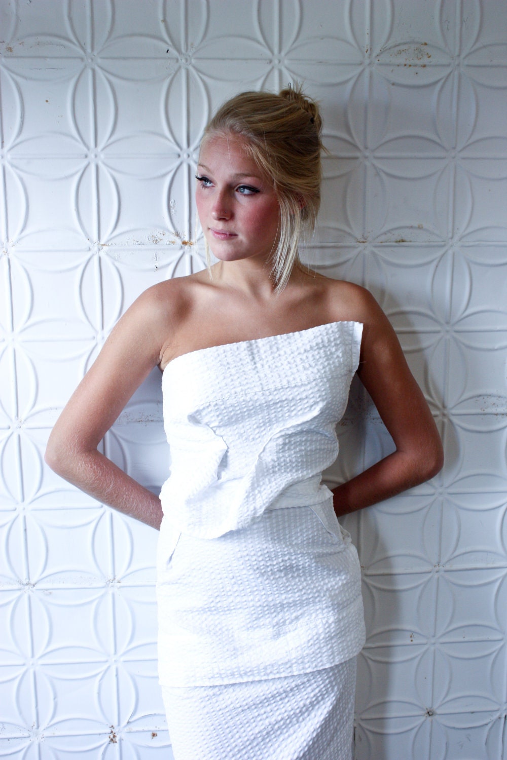 RESERVED - Simple White Cotton Seersucker Wedding Dress