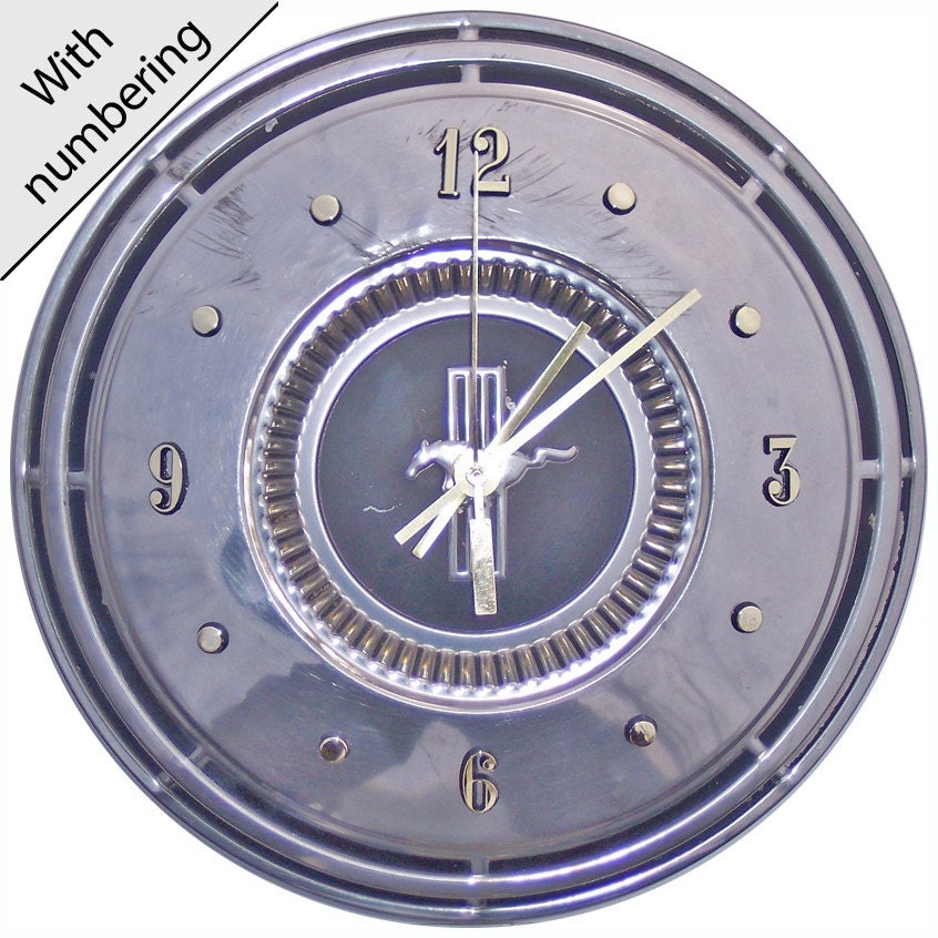 Retro wall clock, Ford Mustang Hubcap Clock with numbering (v hub cap clock)