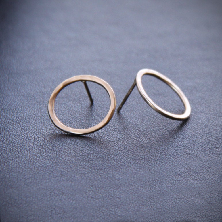 Modern solid 14K gold earrings handmade in a classy and elegant style for a pair of round hammered studs - "Petite Simple Classic Circles"