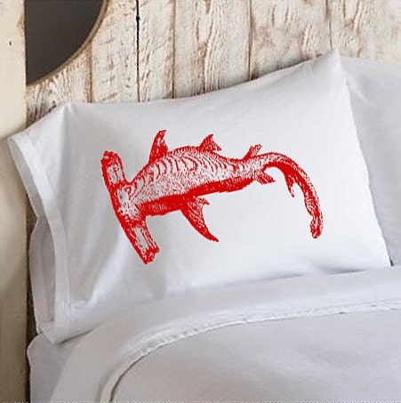 Two (2) Red Hammerhead Shark White Nautical Pillowcases cover pillow case