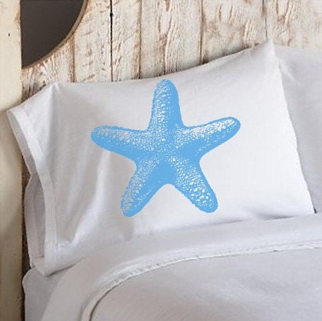 Two (2) Light Blue Starfish White Nautical Pillowcases standard size pillow covers