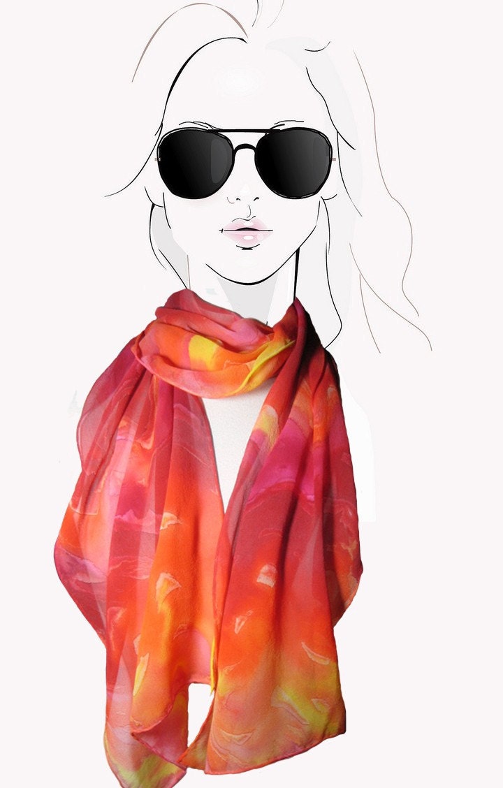 Silk scarf. Hand Painted. Orange Sunset colors:  AfterGlow