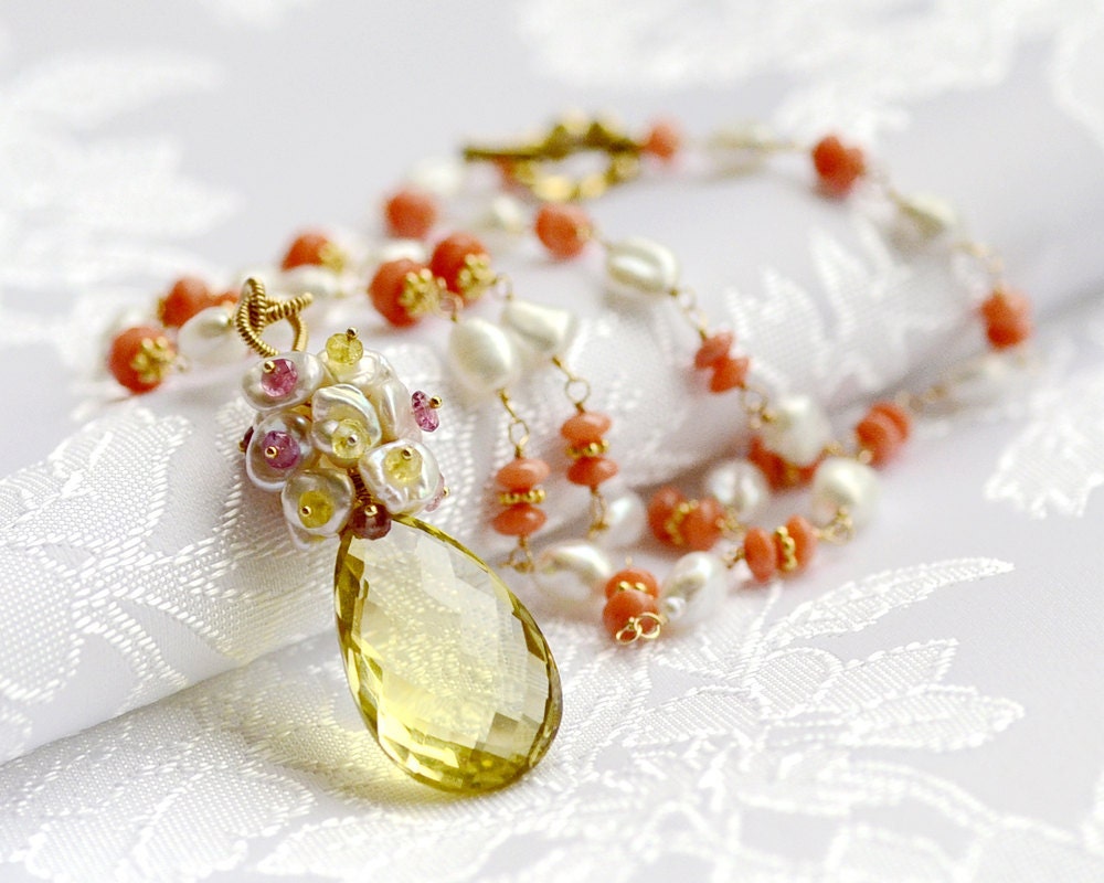 Lemon Quartz Necklace in 14k gold filled, Pendant, Cluster of Tourmaline and Keishi pearls, pink coral, wire wrapped