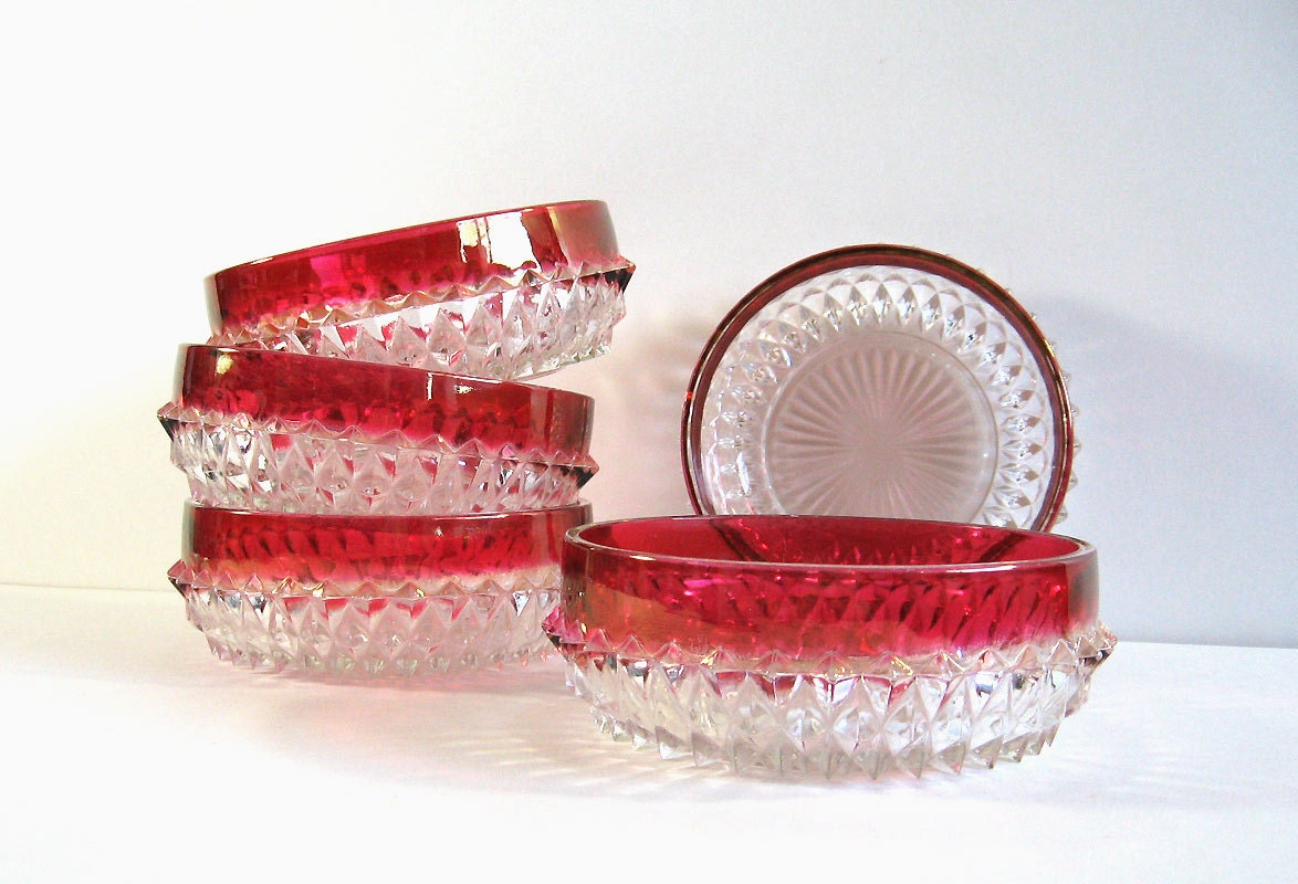 Indiana Glass Bowls Diamond Point Ruby Rim Set of 5