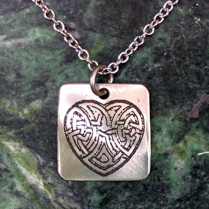 Celtic Knotwork Heart Necklace, Stainless Steel Etched - Eternal Love - on Stainless Steel Chain