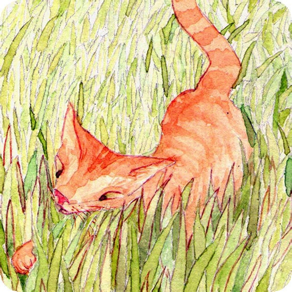 Hunting Low - watercolour cat reproduction