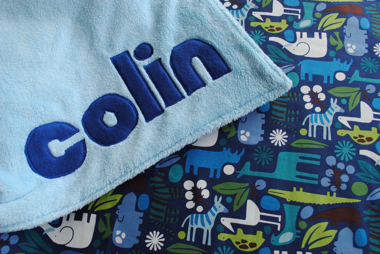 Handmade Personalized Baby Stroller Blanket in Blue Zoo