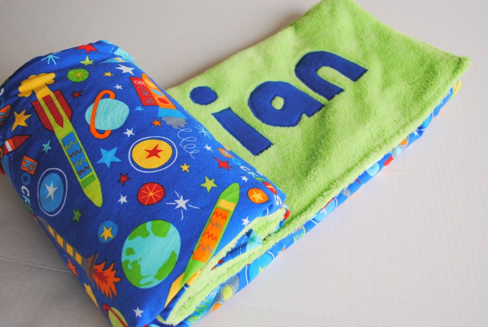 Handmade Personalized Baby Stroller Blanket with a Rockets, Planets, and Stars
