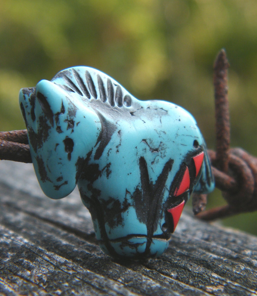 Little Turquoise Pony bead with coral inlay - triple triangle pattern (ready to ship)