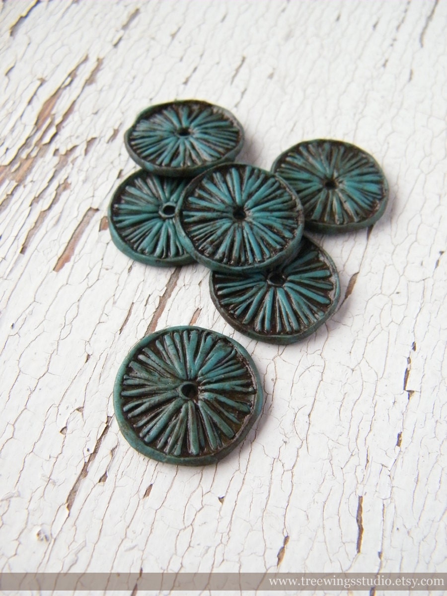 Teal Blue Aster Wheel disc beads - set of 6 beads (ready to ship)