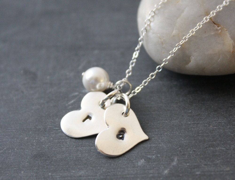 Mother's Necklace with Two Personalized Sterling Silver Heart Initial Charms Custom Pendants