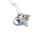 Leaf Sprout Necklace With Sterling Silver Pendant And Personalized Custom Initial Charm