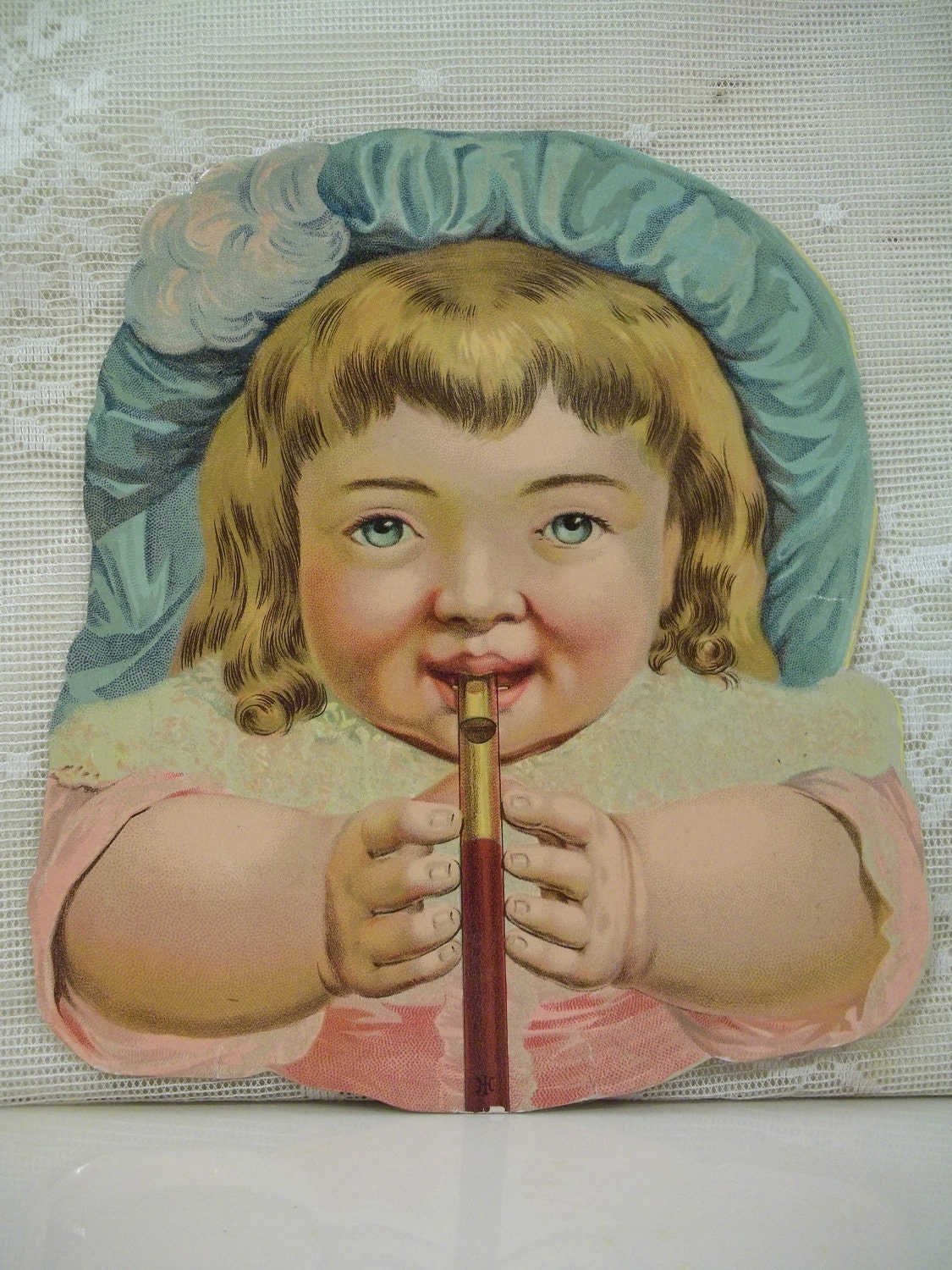 Pretty Girl Playing Flute - Large Antique Die Cut - 1800's