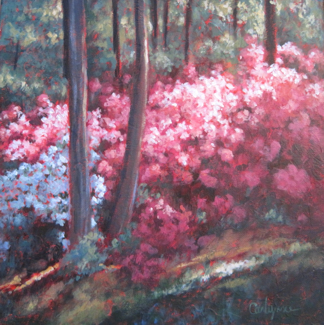 Calloway Garden 12x12 original landscape painting with pink azaleas