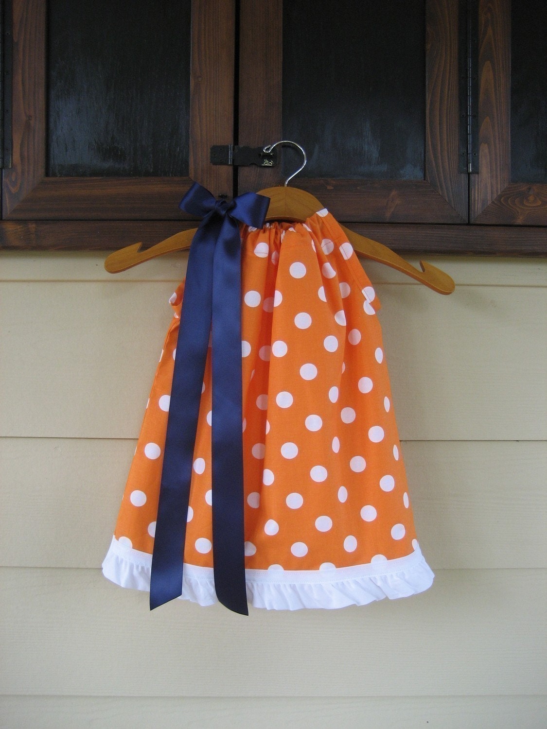 Orange Polka Dot Pillowcase Dress with White Tirm - sizes 3m to 6T - any color ribbon......GREAT for AUBURN and FLORIDA Fans