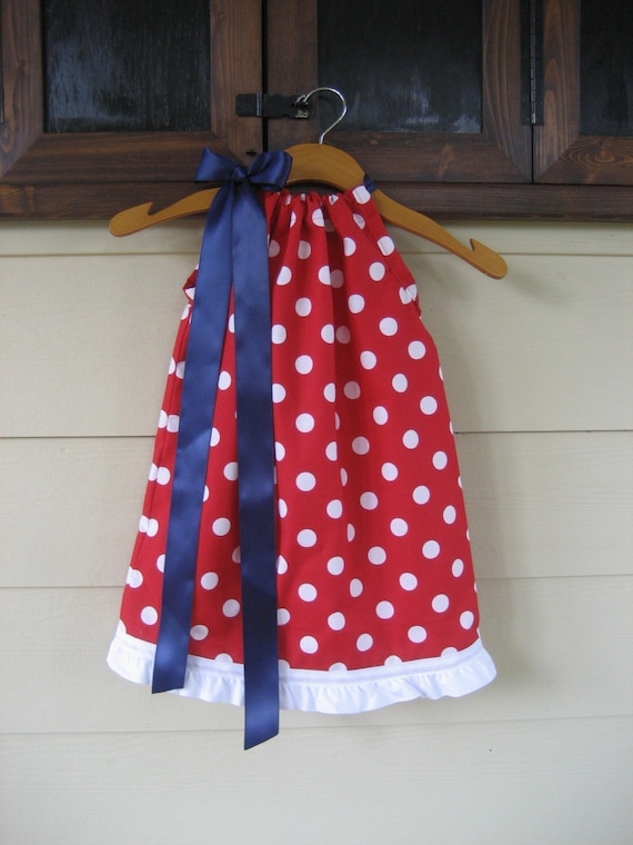 July 4th Red Polka Dot Pillowcase Dress with Navy Ribbon - sizes 3m to 6T......PERFECT for the Ole Miss, South Alabama, and TEXANS fans