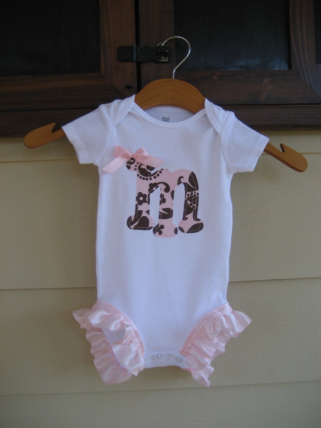 Onesie with Initial and Pink Leg Ruffles - long sleeve or short sleeve - newborn to 24m