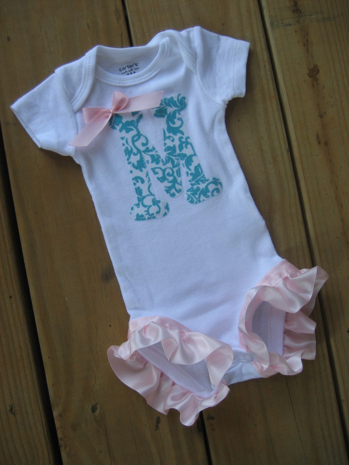 Onesie with Initial and Pink Leg Ruffles - long sleeve or short sleeve - newborn to 24m