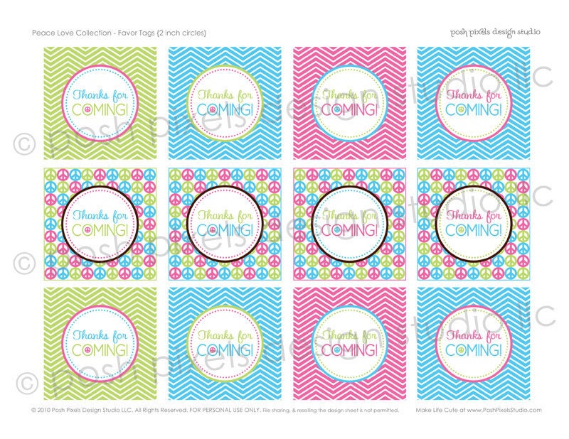 FAVOR TAGS - Printable Birthday Favor Tags - 2 inch - Peace Signs and Chevron - DIY Peace Love Collection - by Make Life Cute Il_570xn