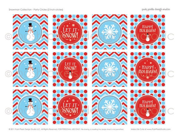 SNOWMAN PARTY - Printable Party Circles - Blue, Aqua, Red, Snowflake, Chevron, Polka Dots - DIY Let it Snow Collection Il_570xn