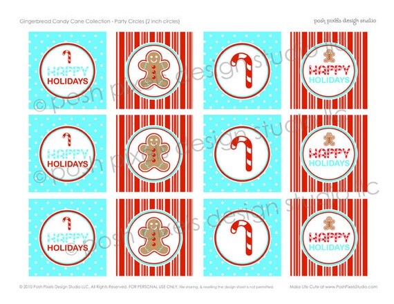 GINGERBREAD MAN - Printable Holiday Party Circles - 2 inch - Red and Aqua - DIY Gingerbread Candy Cane Collection Il_570xn