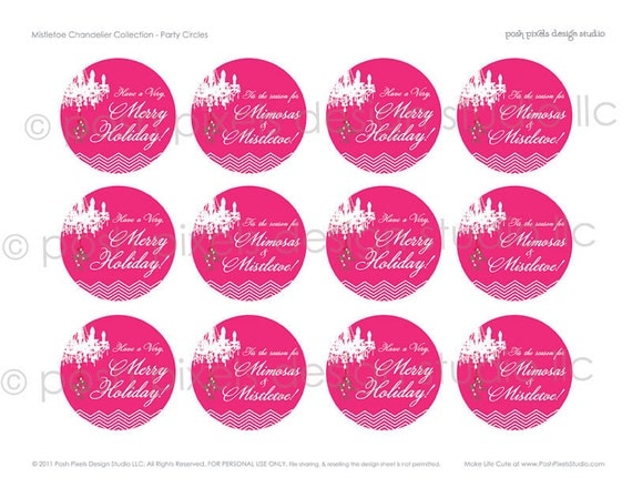 MISTLETOE CHANDELIER - Printable Holiday Party Circles - 2 inch - Hot Pink and Chevron - Mistletoe Chandelier Collection Il_570xn