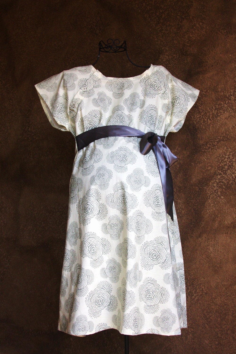 Maternity Delivery Hospital Gown in Beautiful Grey Floral - Ready to ship - Great Baby Shower Gift