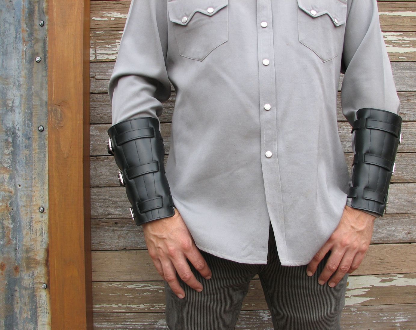 Steampunk Black Leather Gauntlets or Bracers with Nickel Hardware For Men or Women
