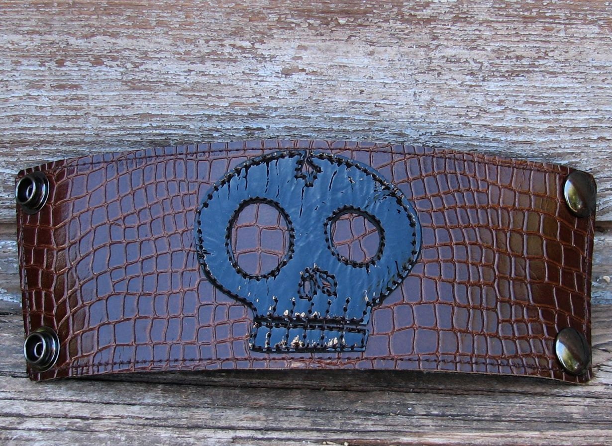 Black and Brown Leather Skull Cuff