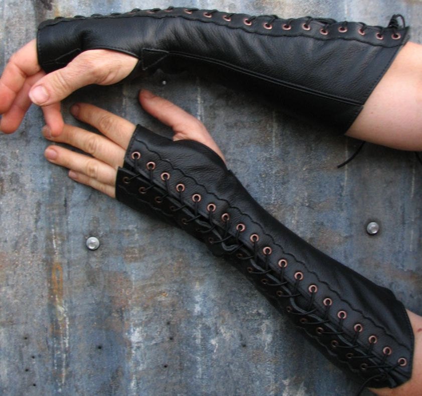 Long Black Leather Steampunk Fingerless Gloves