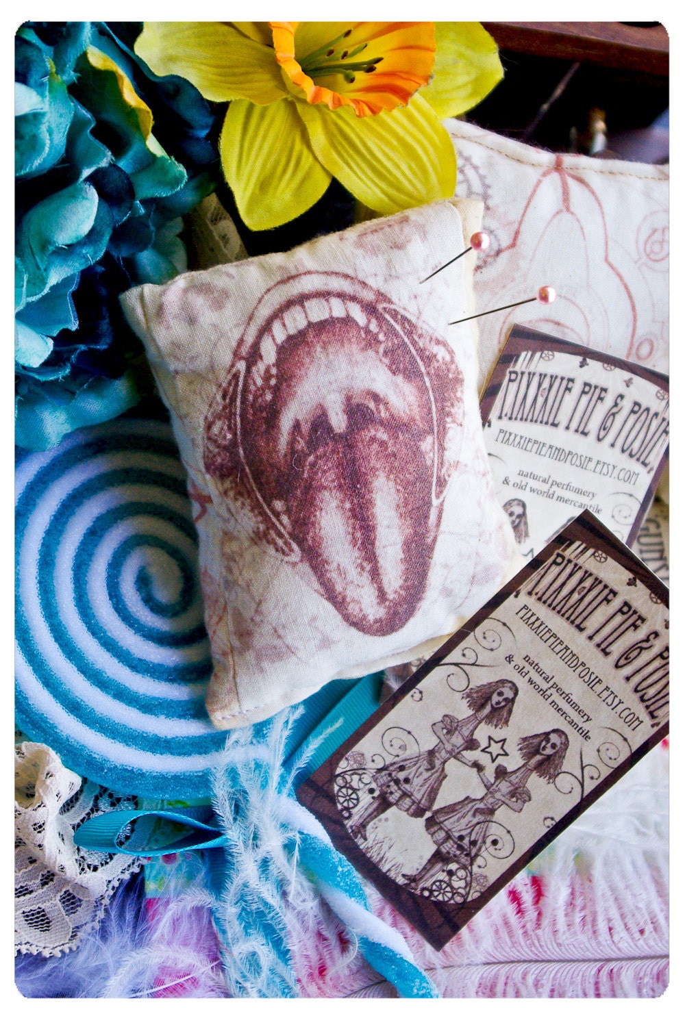 pixxxie pie's pin cushion goody bag number 2 - one rockin voodoo stylin pin cushion with little goddess soaps and bath oil sampler