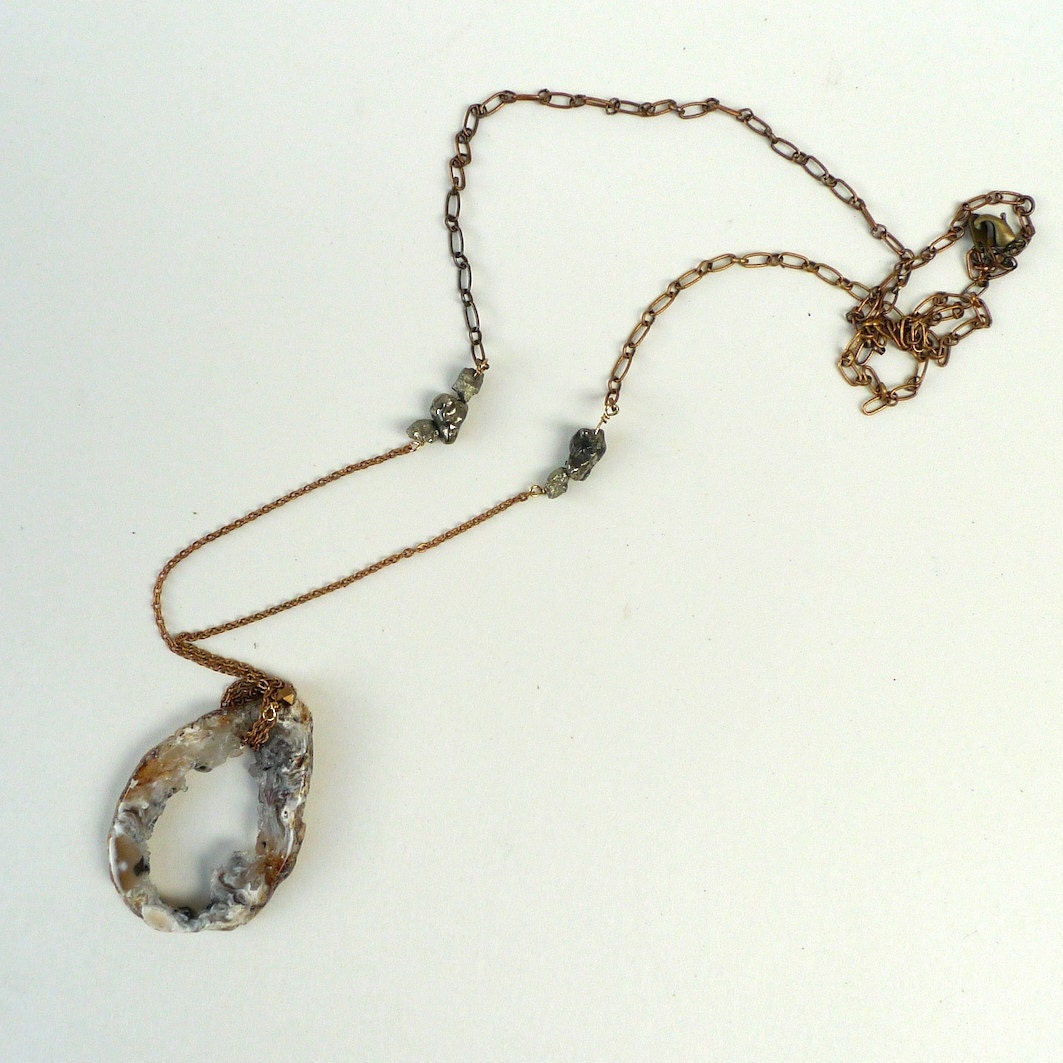 long geode slice necklace with pyrite chunks