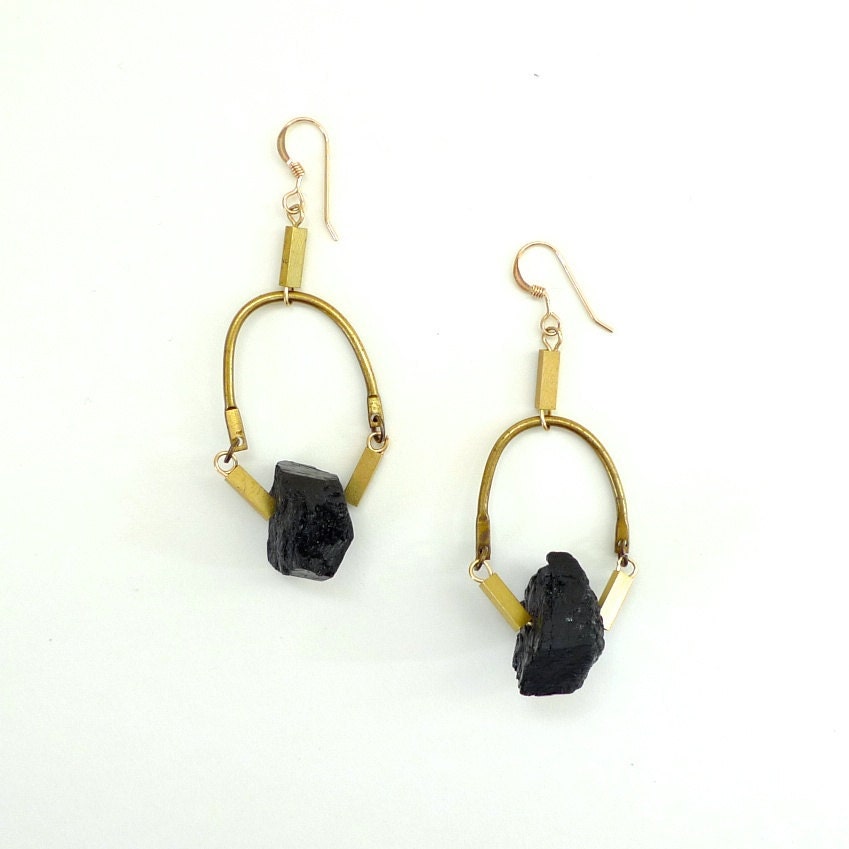 black tourmaline nugget and chain earrings