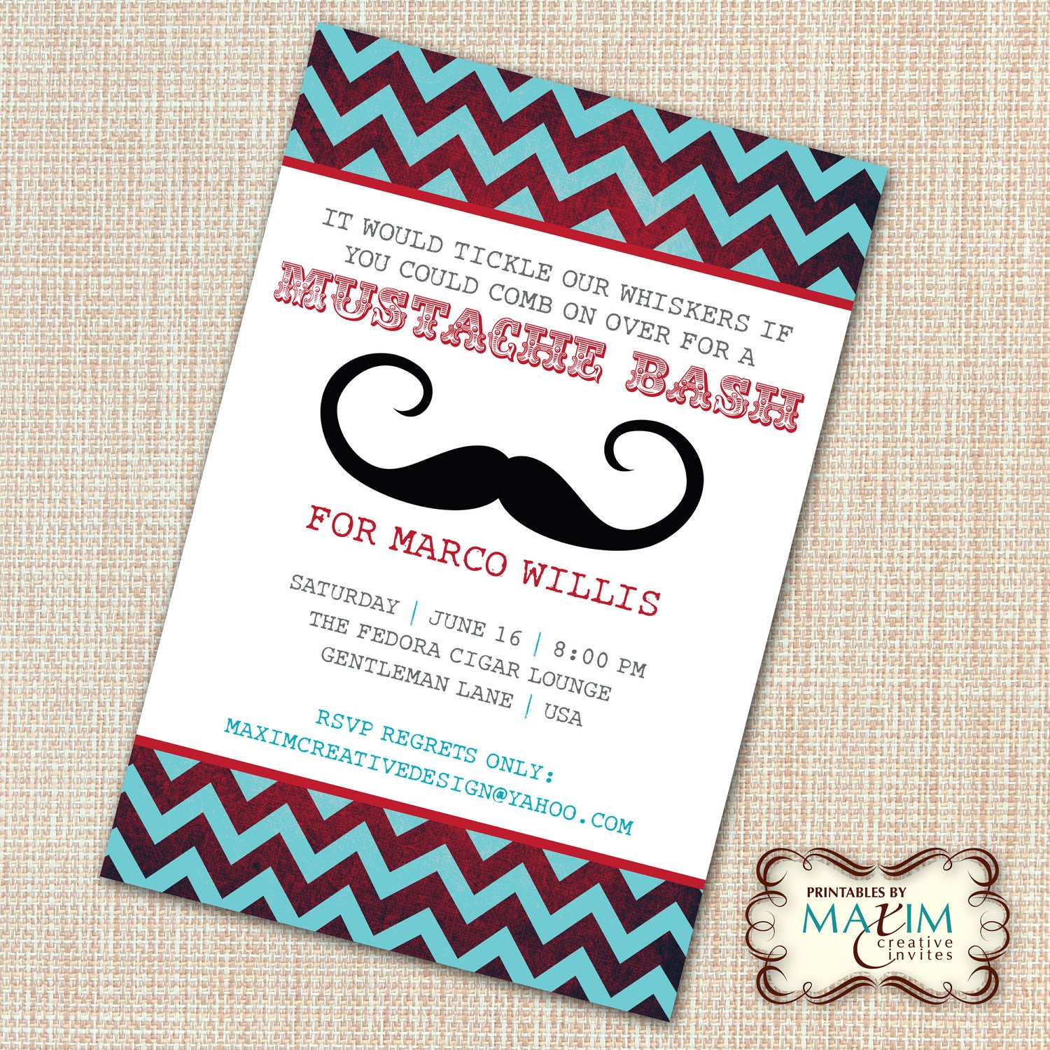 DIY Printable Invitation - Mustache Bash Party, Mustache Birthday Invitation. . .by Maxim Creative Invites
