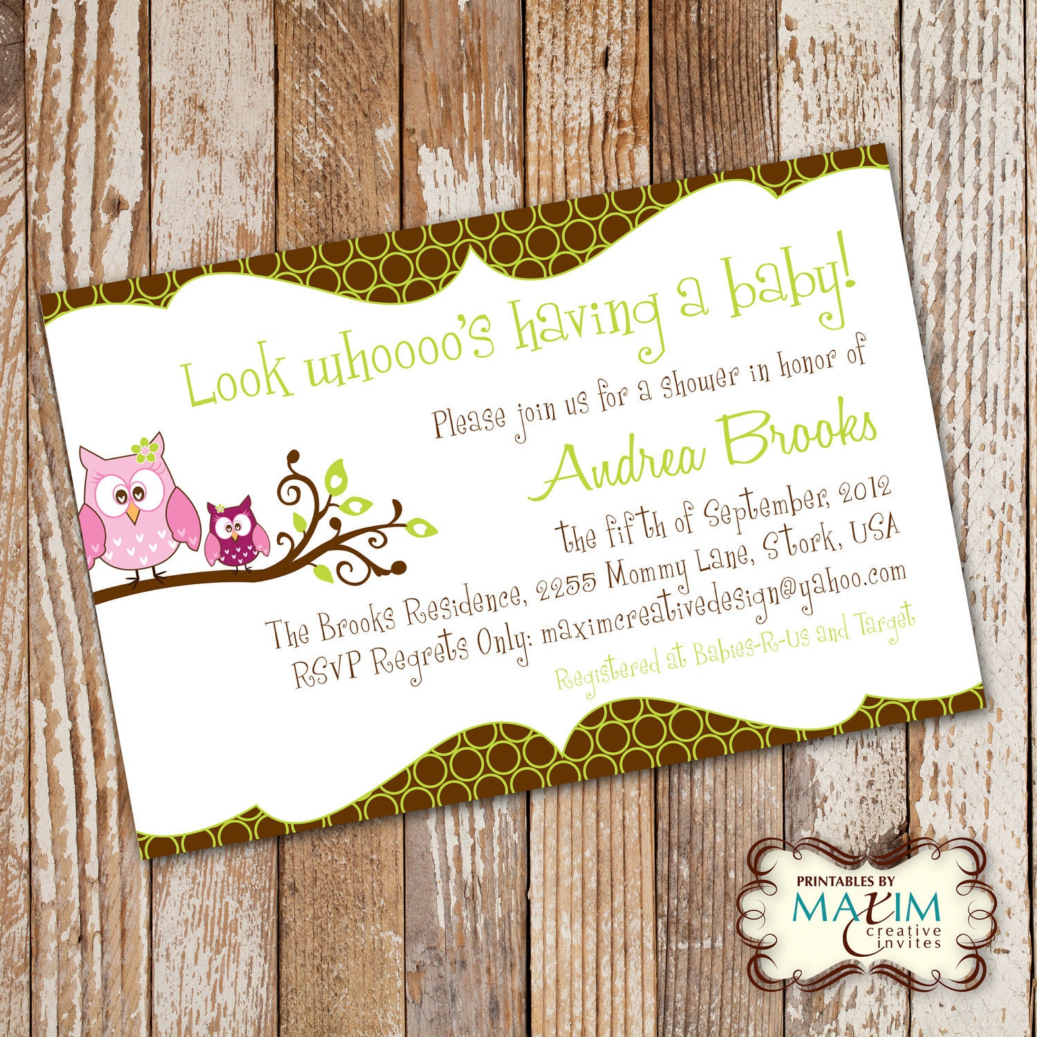 DIY Printable Invitation - Baby Shower Invitation, Party Invitation, Owl Baby Shower....by Maxim Creative Invites