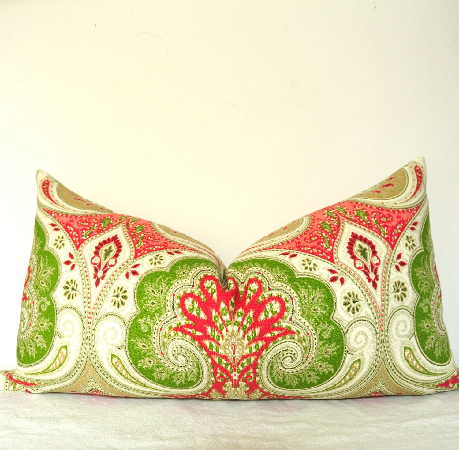 On Both Sides - Pillow Cover - Decorative Pillow - Lumbar - Throw Pillow - Kravet - Linen - 13.5x26 in - Red - Pink - Green