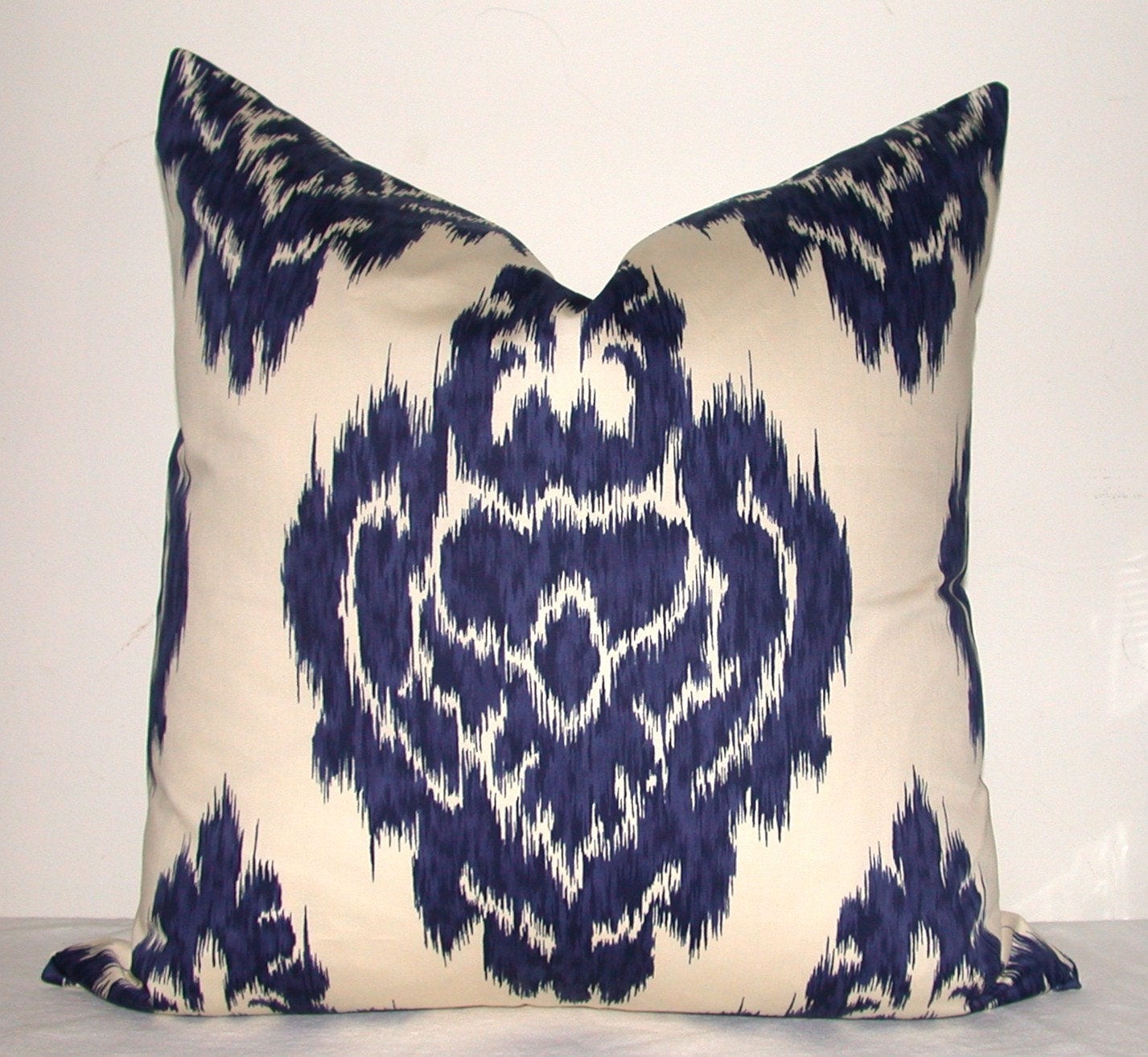 Set of Two - Designer Fabric Pillow Covers - Ikat Print - Blue - Cream - 22x22 inches - Medallion - Batik - Throw Pillows - Decorative Pillows - Sofa Pillows