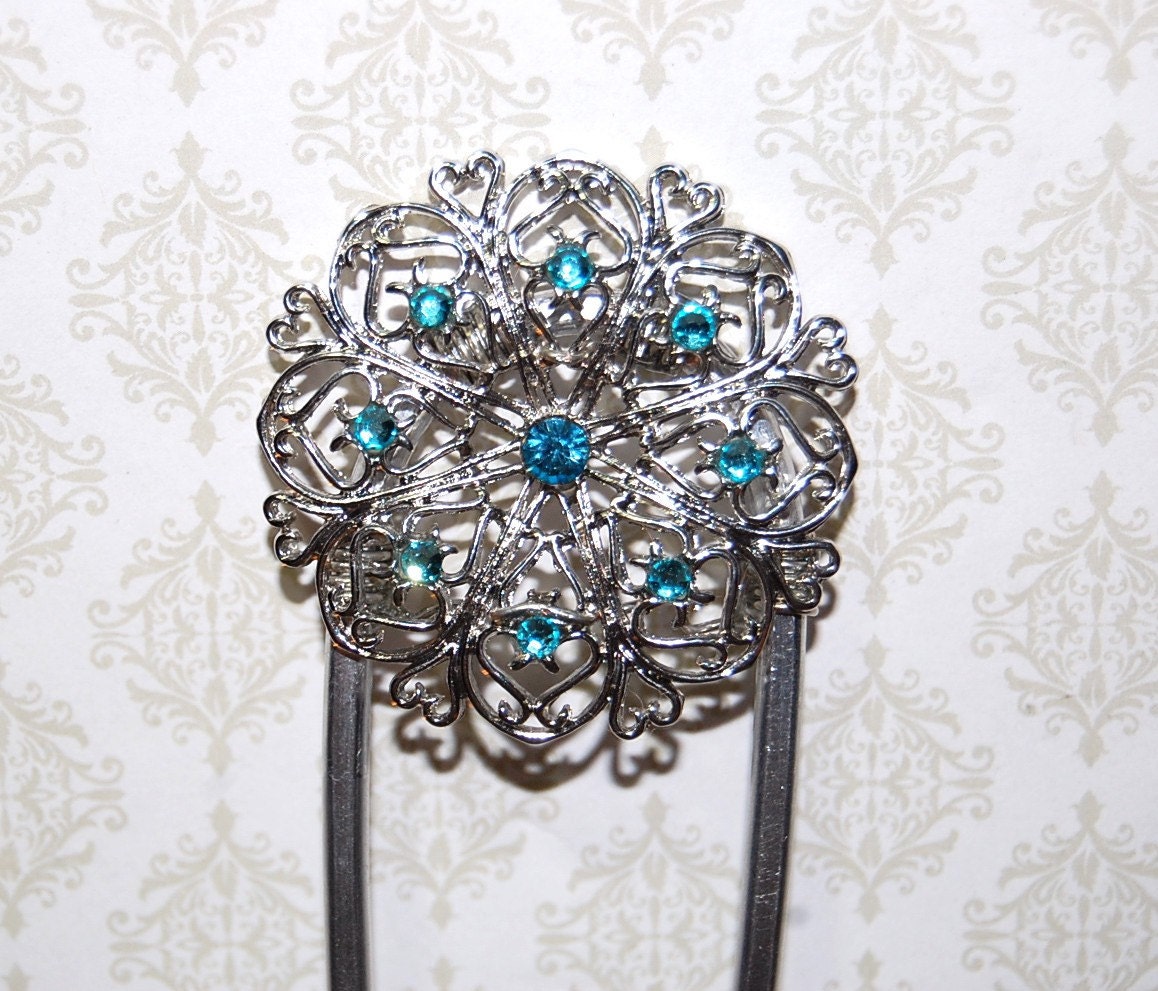 Elisabeth of Bavaria Silver and Blue Aquamarine Crystals on Aluminum Hair Fork