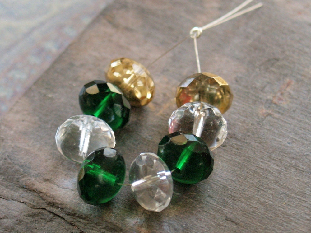 10x6mm Large green gold  and Clear Faceted Czech Rondelle Bead Destash 8 pieces