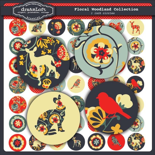 Floral Woodland Collection 1 x 1 inch Circle Digital Collage Sheet for bottle caps,  jewelry, magnets, pendants, stationary,