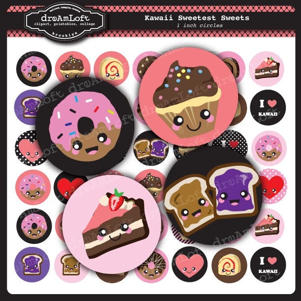 Kawaii Sweetest Sweets Digital Collage Sheet 1 x 1 inch Circles for bottle caps,  jewelry, magnets, stationary, invitations, bows