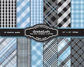 Baby Boy Blue Gingham and Plaid Digital Paper Pack in Baby Blue and Grey for baby shower, cards, stationary, invitations, scrapbooking