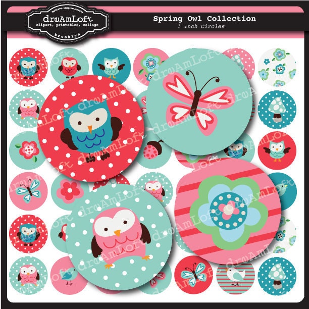 Spring Owl 1 inch Round Printable Circles for stickers, labels, cards, glass pendants, digital art for jewelry