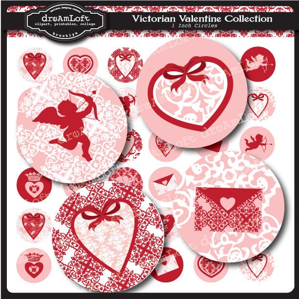 Victorian Valentine Collection 1 x 1 inch Circle Digital Collage Sheet for Valentine's Day, bottle caps,  jewelry