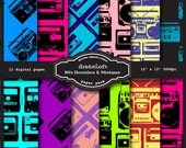 80's Boombox & Mixtapes Digital Papers for packaging, cards, stationary, invitations, scrapbooking and all paper crafts