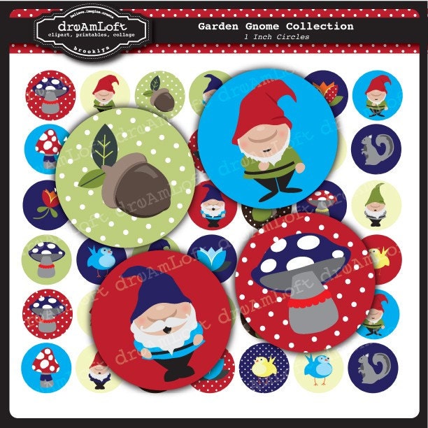 Garden Gnomes Digital Collage Sheet 1 x 1 inch Circles