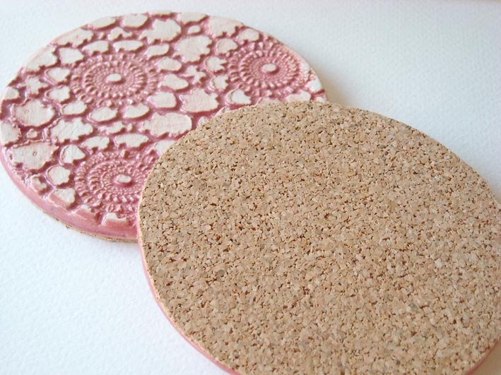 Ceramic Coasters, dusty pink lace imprint home decor housewares, set of two