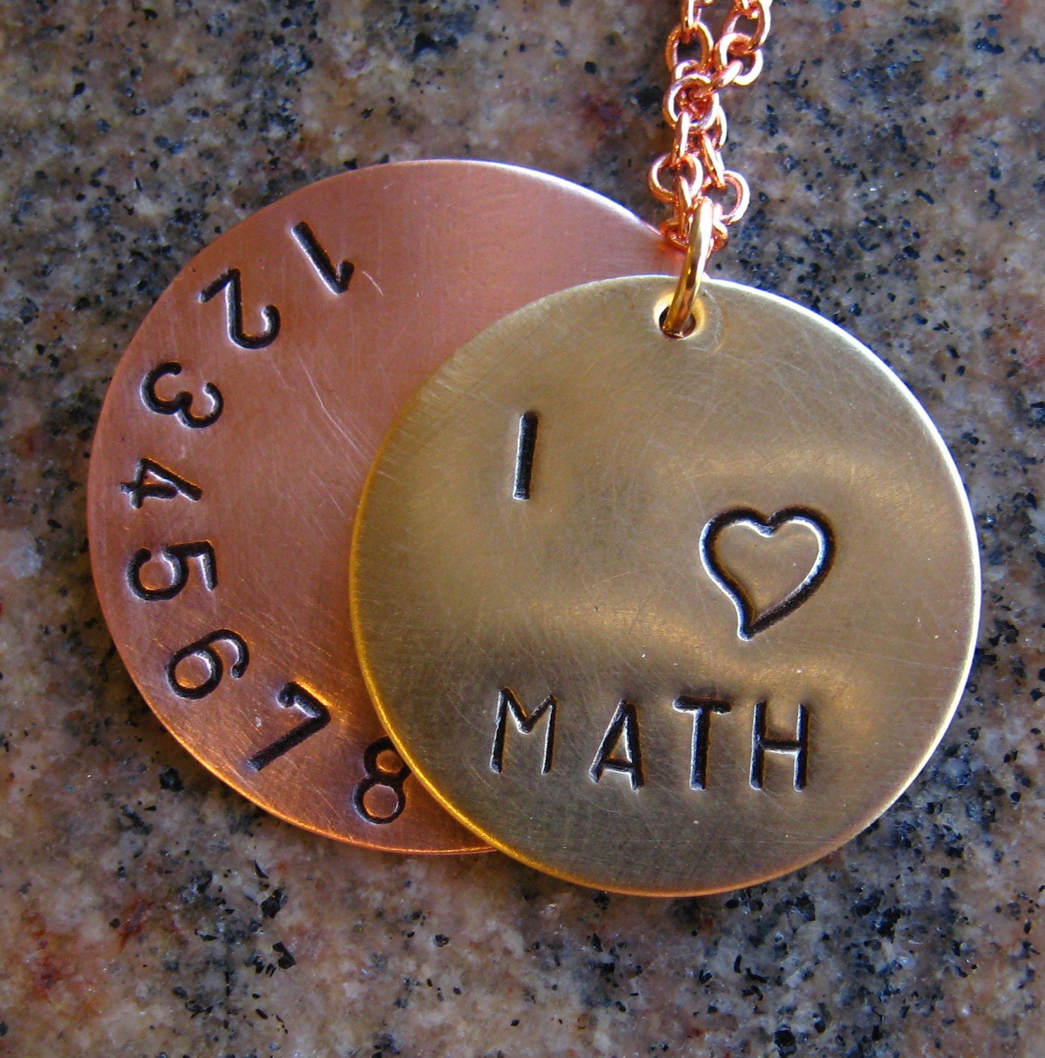 I Love Math - Copper and Brass Stamped Necklace